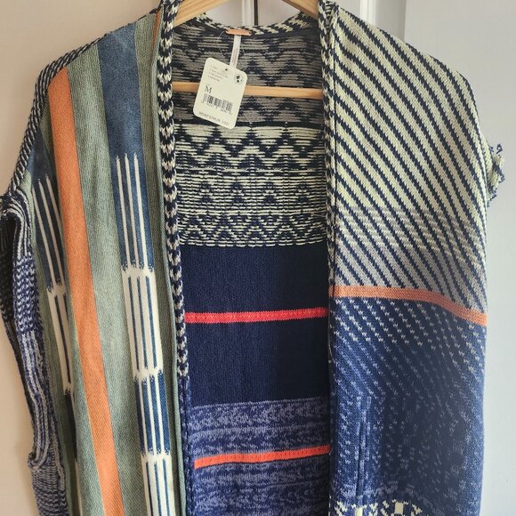 Free People Sweaters - Striped Knit Open-Front Women's Sweater Cardigan - Navy & Coral